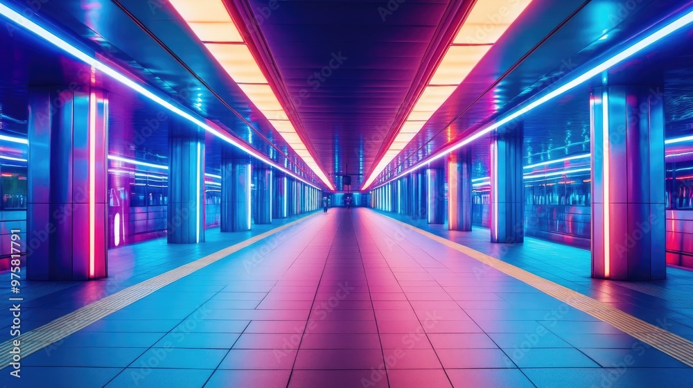 A brightly lit subway tunnel with neon lights A brightly lit subway tunnel with neon lights