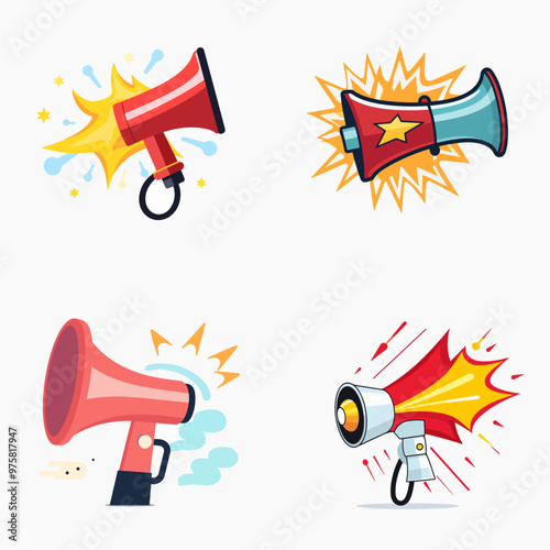 The megaphones are all red and white, with one having a star on it