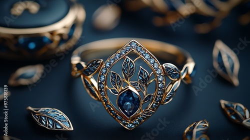 Luxury Gold Ring with Blue Gemstones and Leaf Design