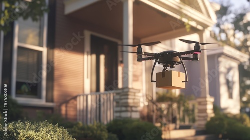 Autonomous drone lowering a small package onto a front porch in a quiet residential area.