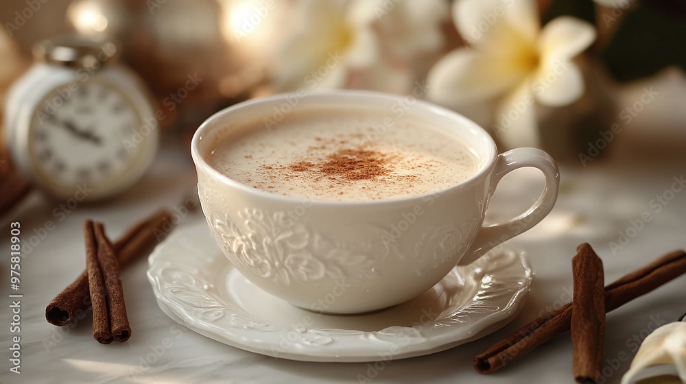 tea indulgence with creamy vanilla chai, served in a white cup with a hint of cinnamon, surrounded by a cozy setup of spices, including vanilla pods and cinnamon sticks tea indulgence with creamy vanilla chai, served in a white cup with a hint of cinnamon, surrounded by a cozy setup of spices, including vanilla pods and cinnamon sticks