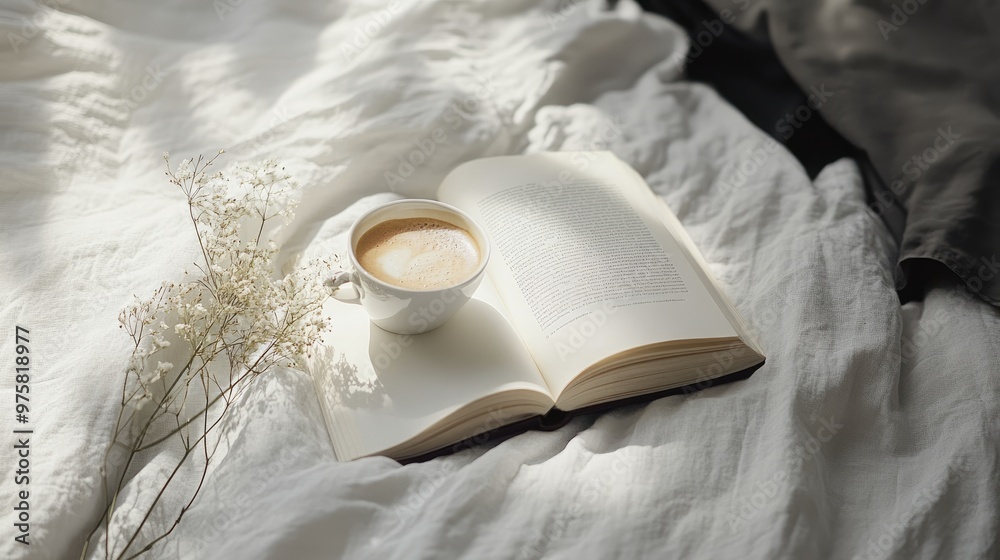 A book and a cup of coffee are on a bed A book and a cup of coffee are on a bed
