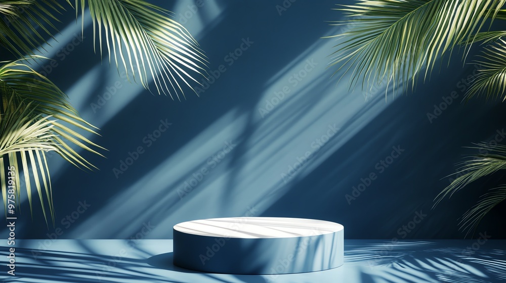 A blue circular podium with palm leaves casting shadows on a blue wall. A blue circular podium with palm leaves casting shadows on a blue wall.