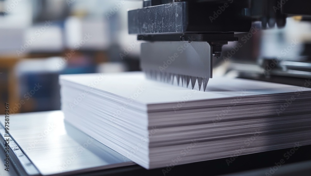 Printing press cutting stack of paper. Printing press cutting stack of paper.