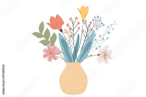 Simple flat vector illustration of colorful flowers in vase white background minimalistic style colorful design photo