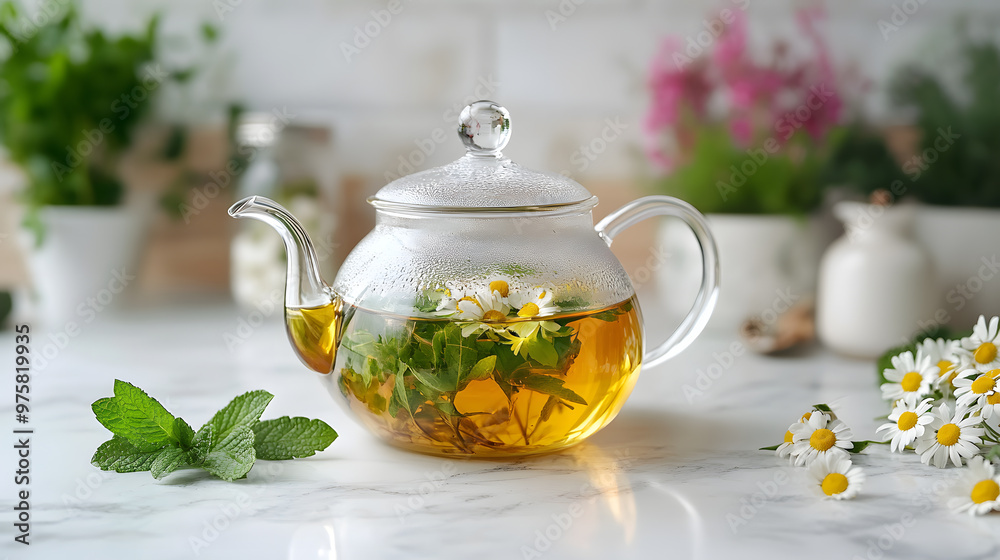 A glass teapot filled with chamomile tea and mint leaves, surrounded by other herbs and flowers, good for drinking.