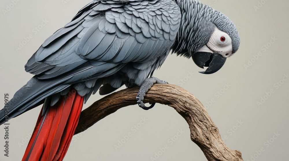 Fototapeta premium Close-up of an African Grey parrot perched on a branch, showcasing its distinctive grey feathers and red tail.