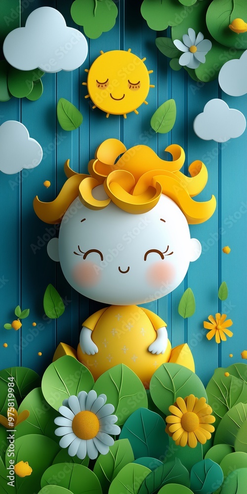 Obraz premium A cheerful child with curly yellow hair sits amidst colorful flowers and greenery.
