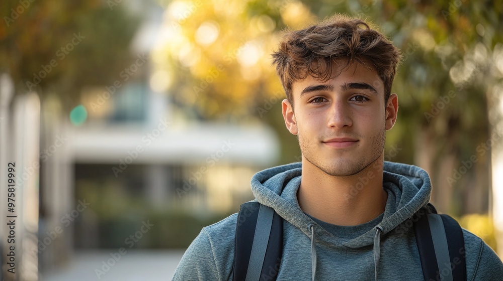 collegiate portrait of a male student at campus, looking confidently at the camera amidst neutral tones of green and beige, reflecting the casual and academic atmosphere of campus life collegiate portrait of a male student at campus, looking confidently at the camera amidst neutral tones of green and beige, reflecting the casual and academic atmosphere of campus life