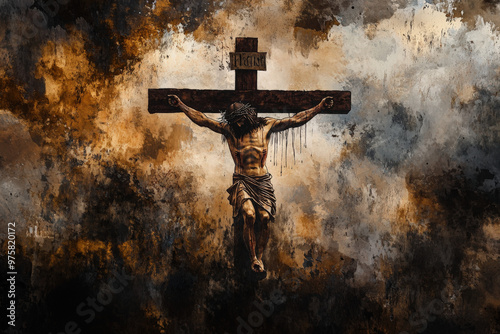 Painting of jesus christ being crucified on wooden cross with dramatic sky background