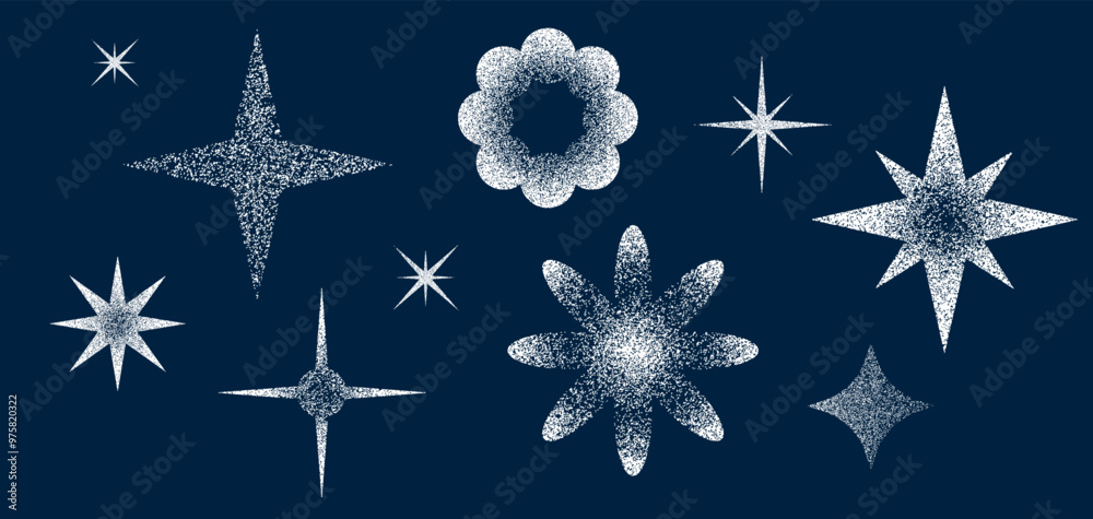Set of grain stars shape. Black noise texture asterisks collection. Vintage halftone effect trigon. Fading gradient. Set of grain stars shape. Black noise texture asterisks collection. Vintage halftone effect trigon. Fading gradient.
