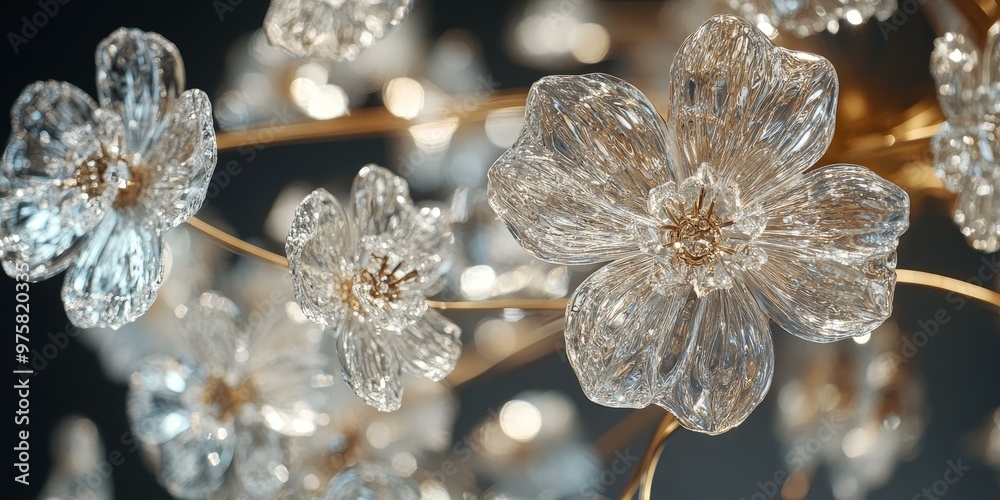Crystal flower chandelier with golden accents. Crystal flower chandelier with golden accents.