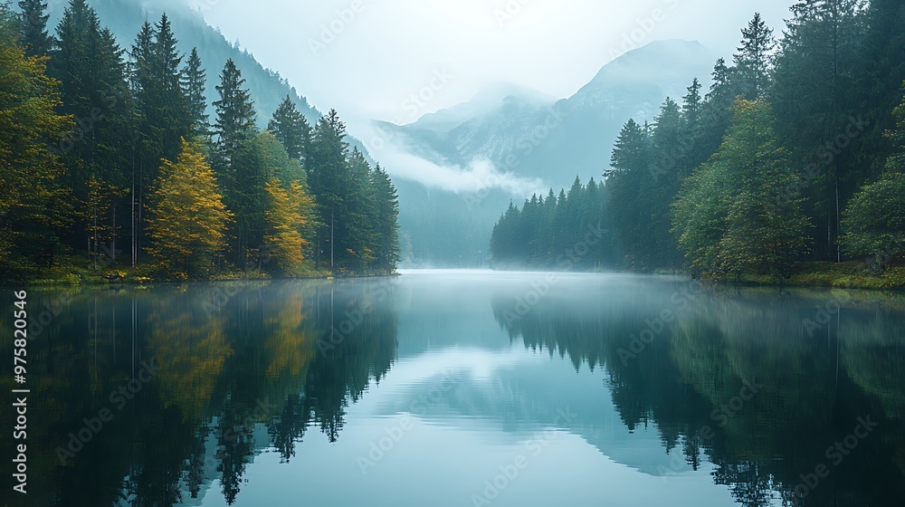 Obraz premium Misty Mountain Lake Reflections