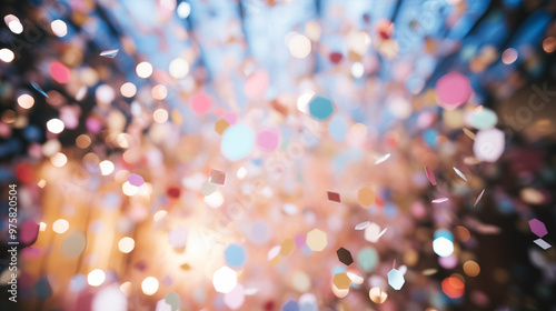 Festive background of colorful confetti and sparkling lights creating a joyful atmosphere
