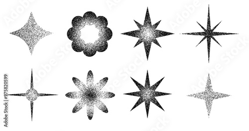 Grain star set. Black noise texture asterisks collection. Black stippled flares. Halftone sparkles.