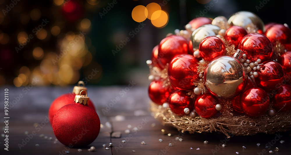 Close-up of a Christmas wreath with red and gold ornaments next to festive baubles on a wooden table Close-up of a Christmas wreath with red and gold ornaments next to festive baubles on a wooden table