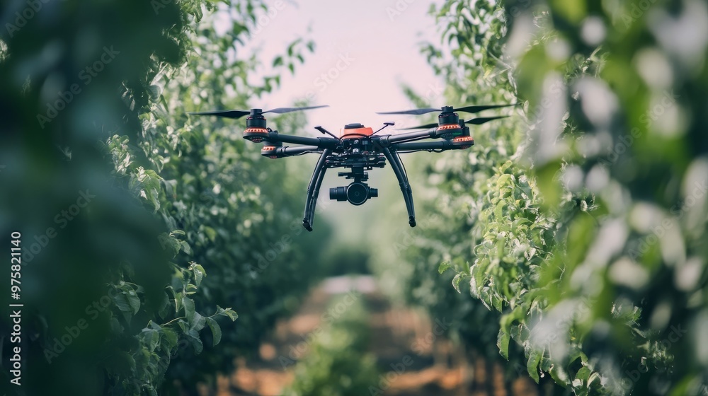 Drone equipped with thermal sensors flying over an orchard, autonomously tracking plant health.
