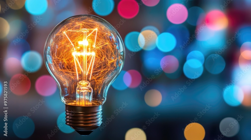 A light bulb is lit up in a blurry background A light bulb is lit up in a blurry background