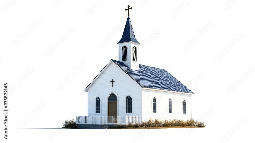 Isolated small-town church chapel building on a white background, showcasing classic chapel design with a cross on the steeple. Isolated small-town church chapel building on a white background, showcasing classic chapel design with a cross on the steeple.