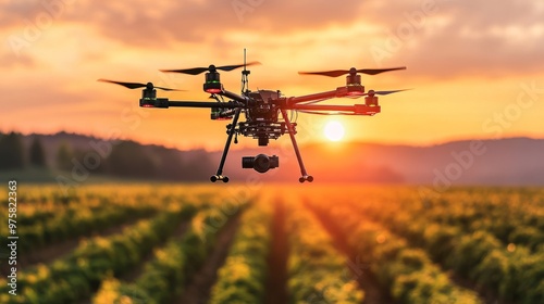 Drone hovering above a field, conducting soil analysis using sensors, completely unmanned.