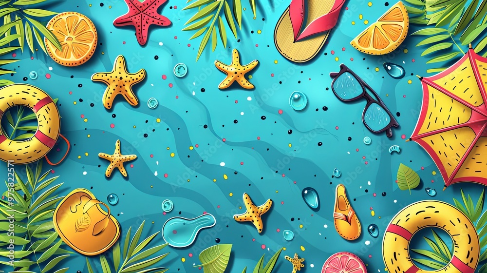 Hello summer, vector pattern. Vacation and travel concept. Beach umbrella, beach towel, sandals, sunglasses
