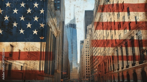 The American flag with a view of Wall Streets iconic buildings, illustrating the connection between U.S. values and financial strength.