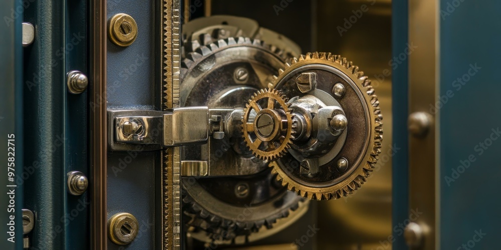A close-up of a safe's intricate gears and mechanisms. A close-up of a safe's intricate gears and mechanisms.