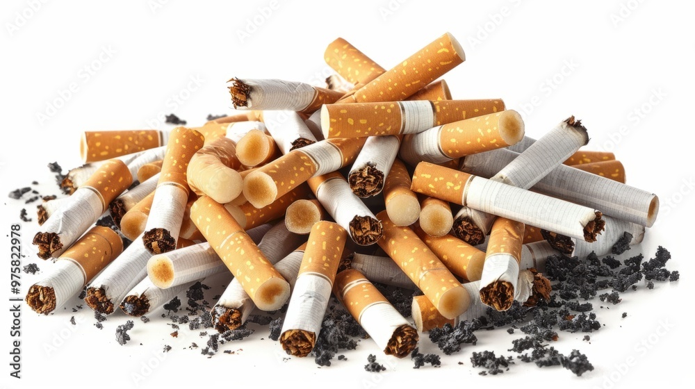 pile of cigarettes on white background. generative ai pile of cigarettes on white background. generative ai
