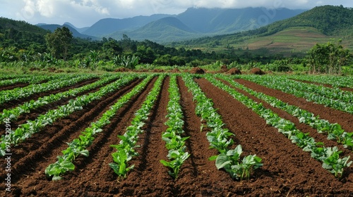 A field of green plants with a mountain in the background photo