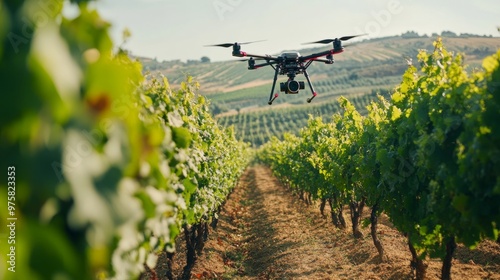 Drone scanning a vineyard with precision technology, autonomously monitoring crop health from above.