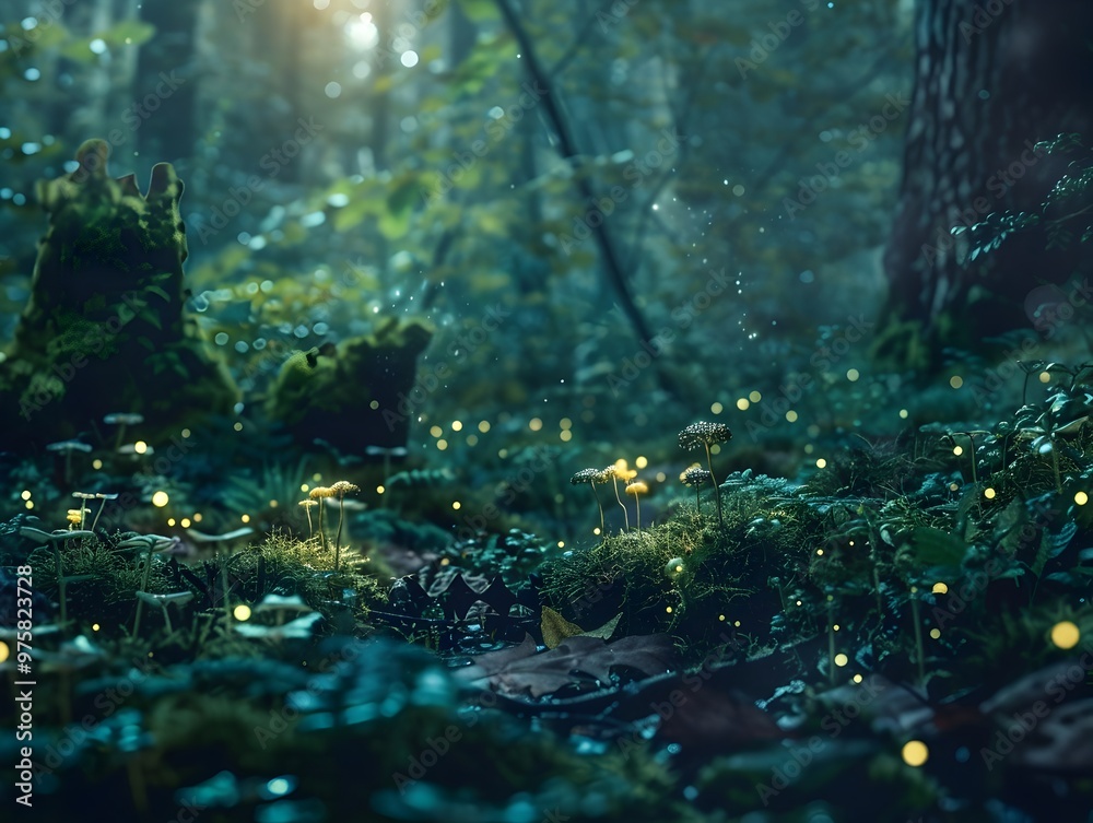 Fototapeta premium Enchanting Bioluminescent Forest Scene with Glowing Plants and Soft Ethereal Light