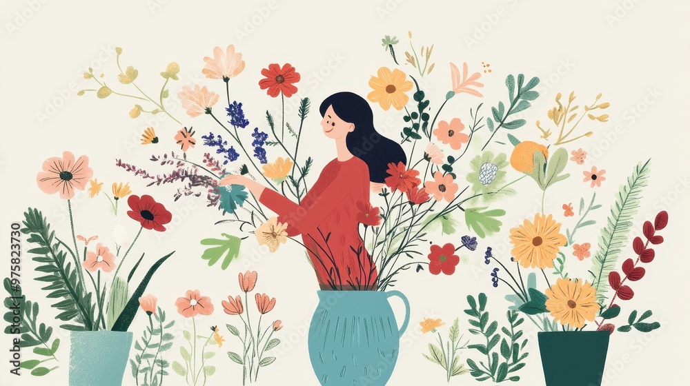 Woman Arranging Flowers in a Floral Paradise Woman Arranging Flowers in a Floral Paradise