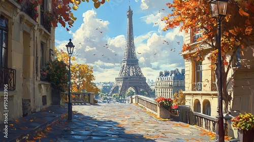 Fototapeta Naklejka Na Ścianę i Meble -  charming parisian alley offering a serene view of the eiffel tower, blending historic architecture, urban scenery, and cultural charm into one picturesque cityscape