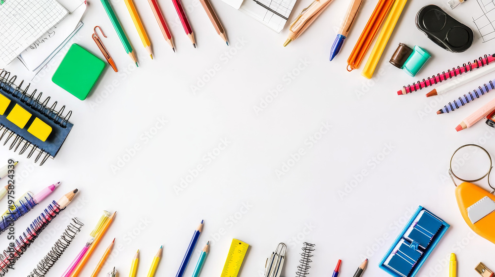 “School supplies arranged on a white background in a flatlay style. Includes ample copy space, creating a symbolic image for education or back-to-school themes.” “School supplies arranged on a white background in a flatlay style. Includes ample copy space, creating a symbolic image for education or back-to-school themes.”