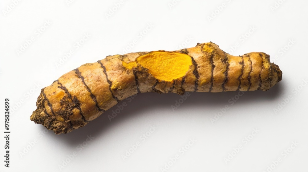 A turmeric root resting on a white background, highlighting its earthy and textured surface A turmeric root resting on a white background, highlighting its earthy and textured surface