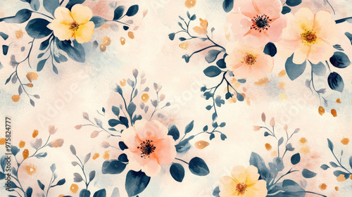 “Sweet floral watercolor seamless pattern in soft pastel colors, perfect for beauty products or other uses. Delicate and elegant, ideal for creating a gentle and feminine aesthetic.”