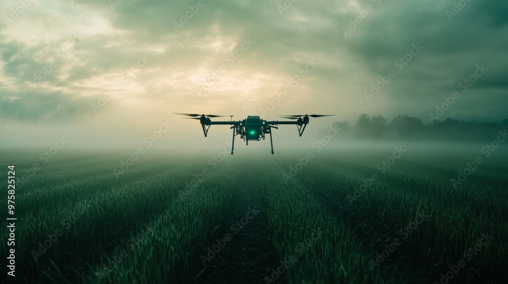 High-tech drone spraying fertilizer over a field of crops, with mist drifting through the air. High-tech drone spraying fertilizer over a field of crops, with mist drifting through the air.