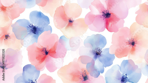 “Sweet floral watercolor seamless pattern in soft pastel colors, perfect for beauty products or other uses. Delicate and elegant, ideal for creating a gentle and feminine aesthetic.”