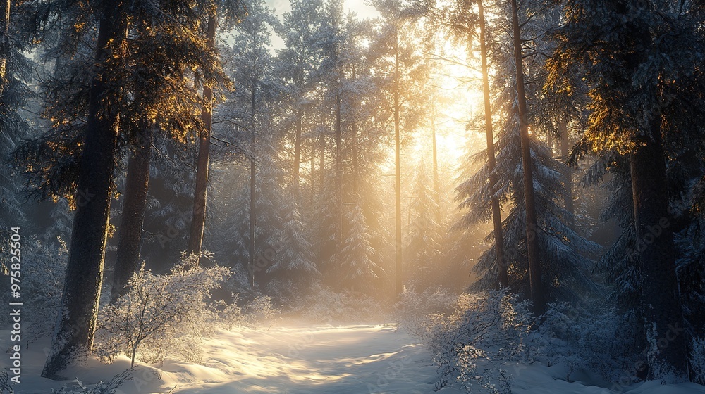 Misty winter forest scene with sunlight piercing through trees Misty winter forest scene with sunlight piercing through trees