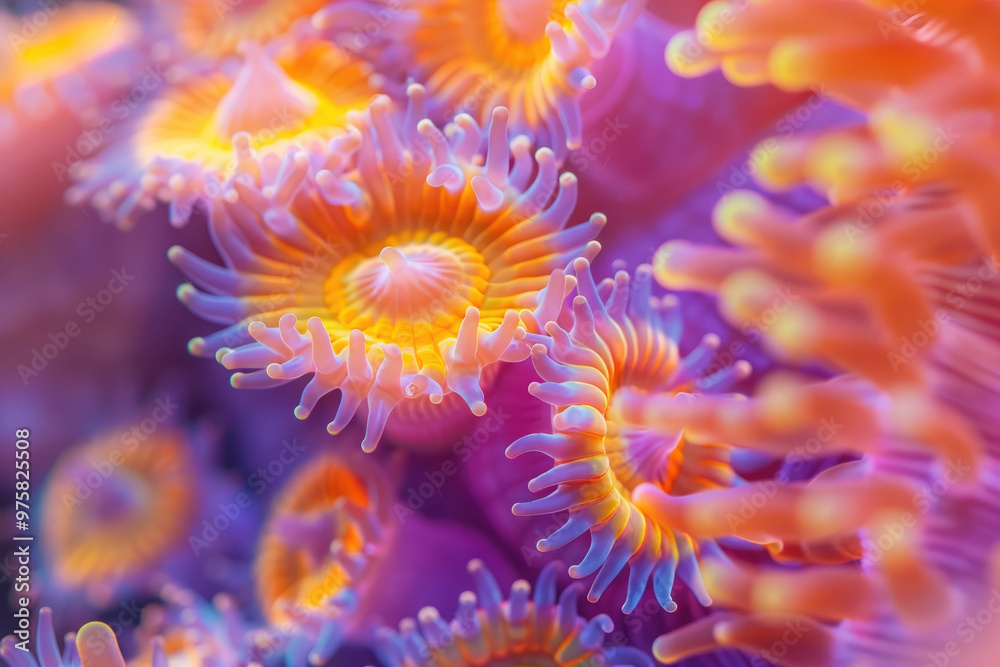 A close up of a coral reef with many orange and pink sea anemones. The colors are vibrant and the image conveys a sense of life and energy A close up of a coral reef with many orange and pink sea anemones. The colors are vibrant and the image conveys a sense of life and energy
