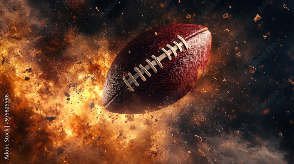 Mid-air capture of an American football in flight, surrounded by a cloud of particles, showing dynamic speed and impact against a dark, intense background. Mid-air capture of an American football in flight, surrounded by a cloud of particles, showing dynamic speed and impact against a dark, intense background.