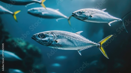 A fish is swimming in the ocean with a yellow tail