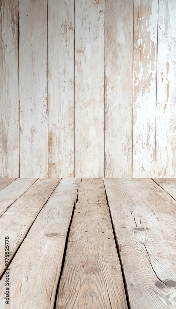 A rustic wooden floor with whitewashed walls, perfect for displays and backgrounds in photography and design. A rustic wooden floor with whitewashed walls, perfect for displays and backgrounds in photography and design.