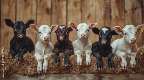 A group of baby cows are laying down in a hay bale