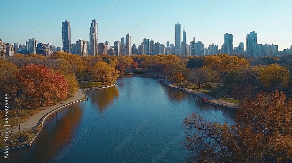 Obraz premium urban landscape with an aerial view of city and river, featuring downtown buildings, skyline horizon, and scenic water reflections, blending city life with nature