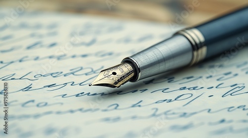 classic stationery scene with a silver pen on a page of handwritten notes, showcasing the timeless art of writing, creativity, and detailed reflection in an office setting