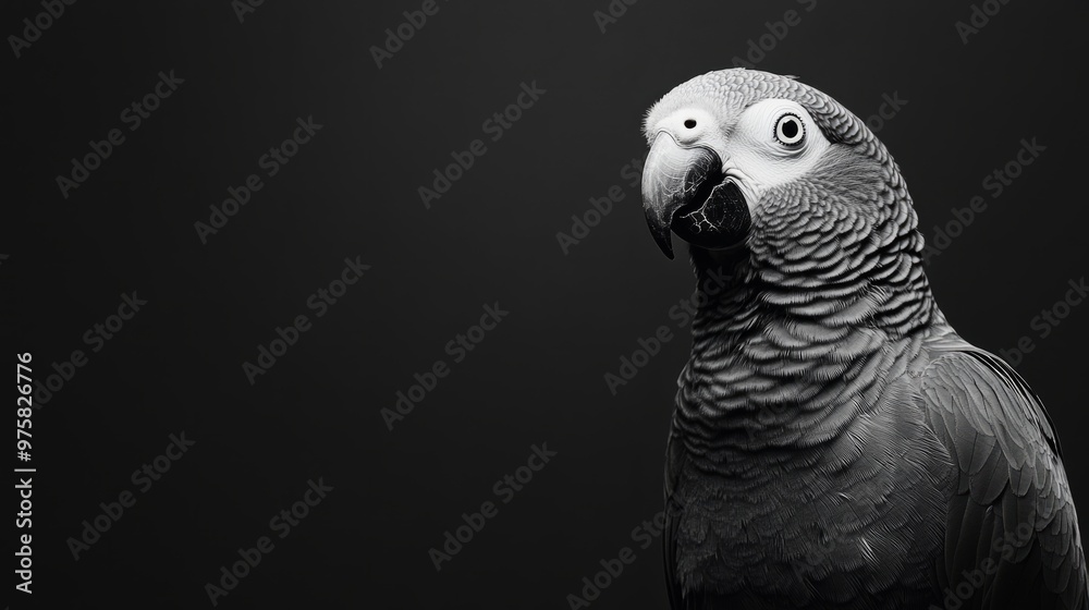 Fototapeta premium Portrait of an African Grey parrot perched with its head tilted, giving a curious and inquisitive look.