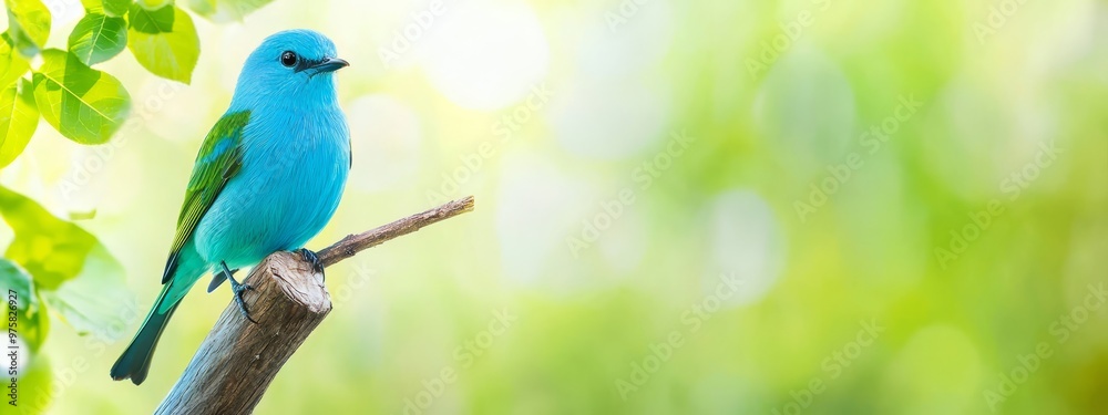 Obraz premium A blue bird perched on a tree branch with green leaves, before a blurred backdrop
