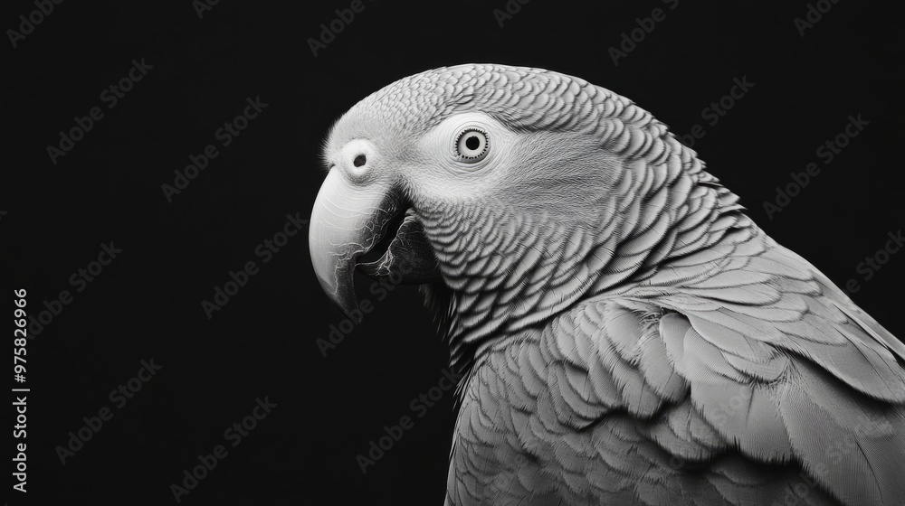Fototapeta premium Side profile of an African Grey parrot looking attentively, with its sharp beak and intelligent eyes.