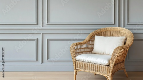 An elegant armchair with a cream cushion, positioned before a light grey wall with subtle, decorative paneling.